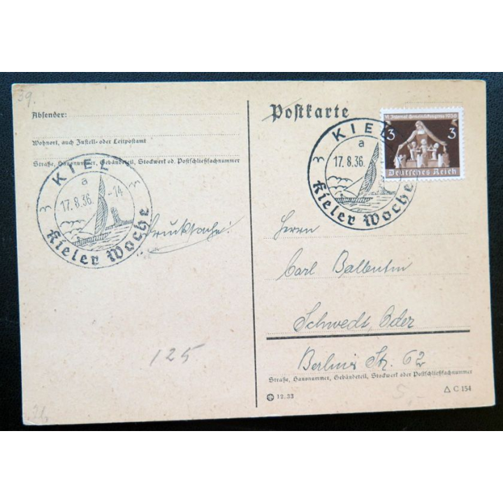 postkarte 17/08/1936 avec timbre Deutches reich collé 3 pfennig 