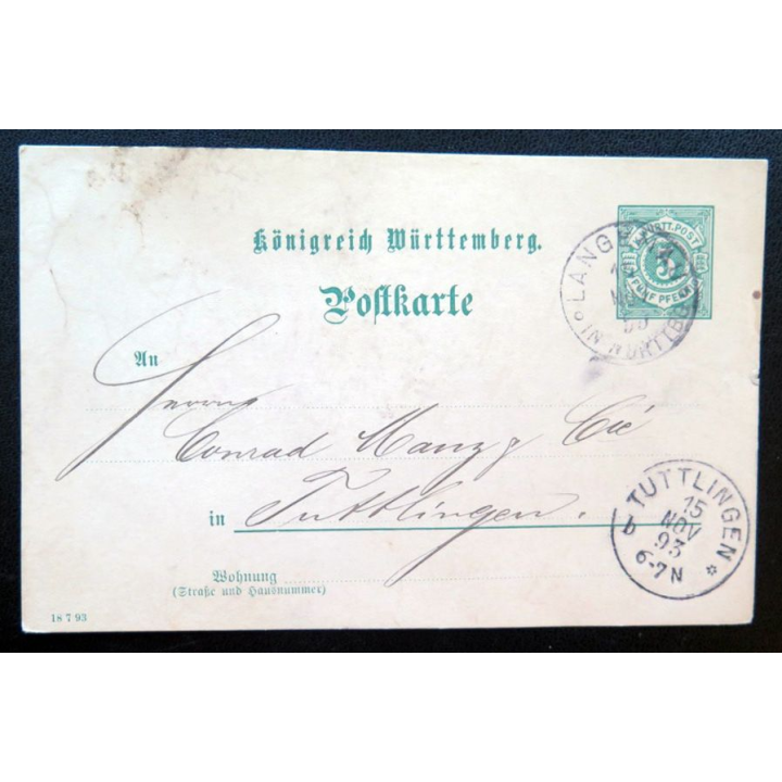 postkarte 15/11/1893 avec timbre embouti Württemberg 5 pfennig vert