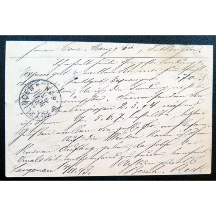 postkarte 15/11/1893 avec timbre embouti Württemberg 5 pfennig vert