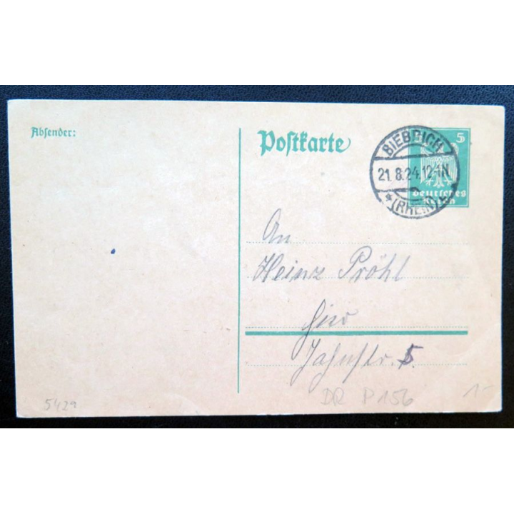postkarte 21/08/1924 avec timbre embouti Deutsches Reich 5 pfennig vert