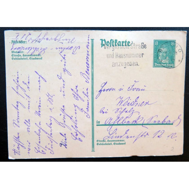 postkarte 11/06/1928 avec timbre embouti Deutsches Reich 8 pfennig vert
