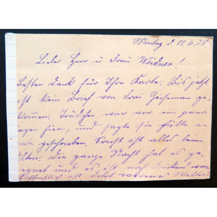 postkarte 11/06/1928 avec timbre embouti Deutsches Reich 8 pfennig vert