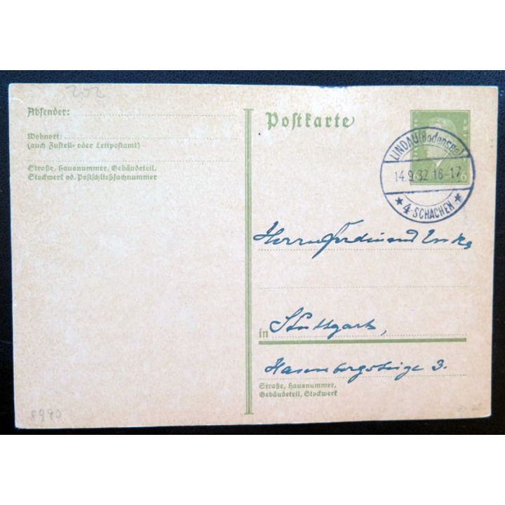postkarte 14/09/1932 avec timbre embouti 6 pfennig vert
