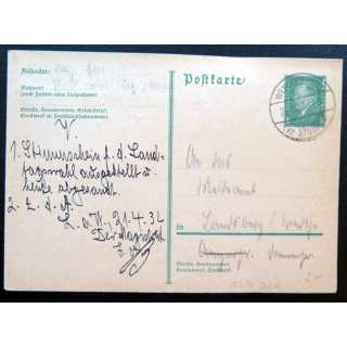 postkarte 21/04/1932 avec timbre embouti 8 pfennig vert