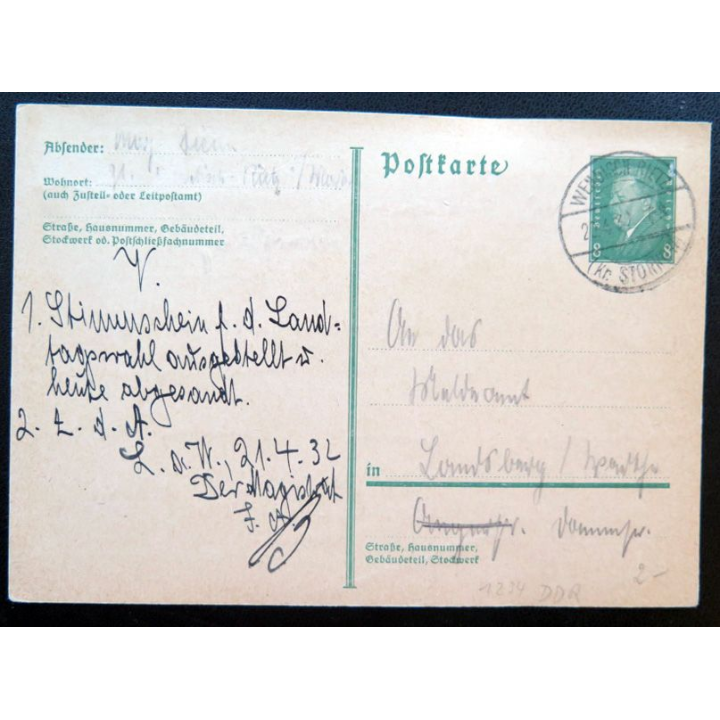 postkarte 21/04/1932 avec timbre embouti 8 pfennig vert