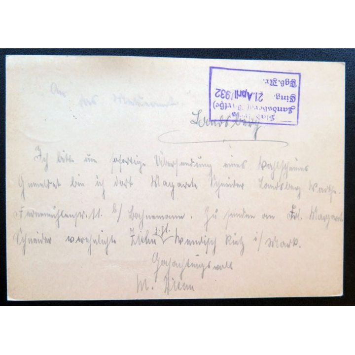 postkarte 21/04/1932 avec timbre embouti 8 pfennig vert