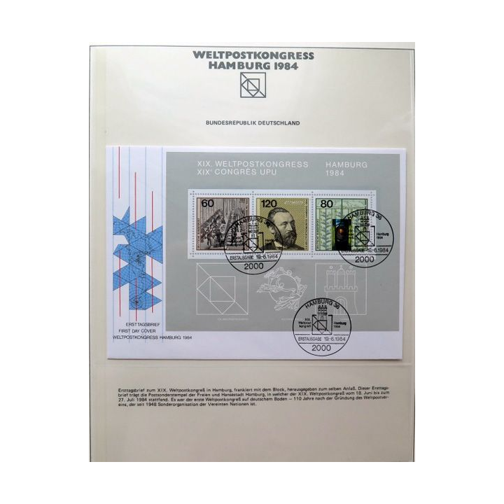 Enveloppe 1° jour Weltpostkongress Hamburg 1984 3 timbres 60, 120 et 80 pfennig