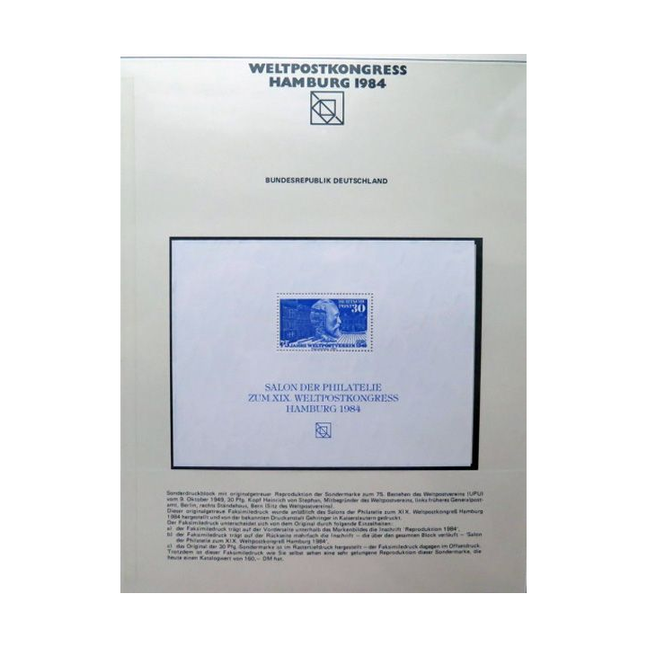 Weltpostkongress Hamburg 1984 75 jähre Weltpostverein 1949 30 pfennig