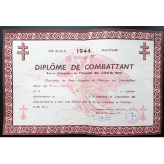 Diplôme de combattant des FFI des Côtes-du-Nord 1944 non attribuée n° 4846