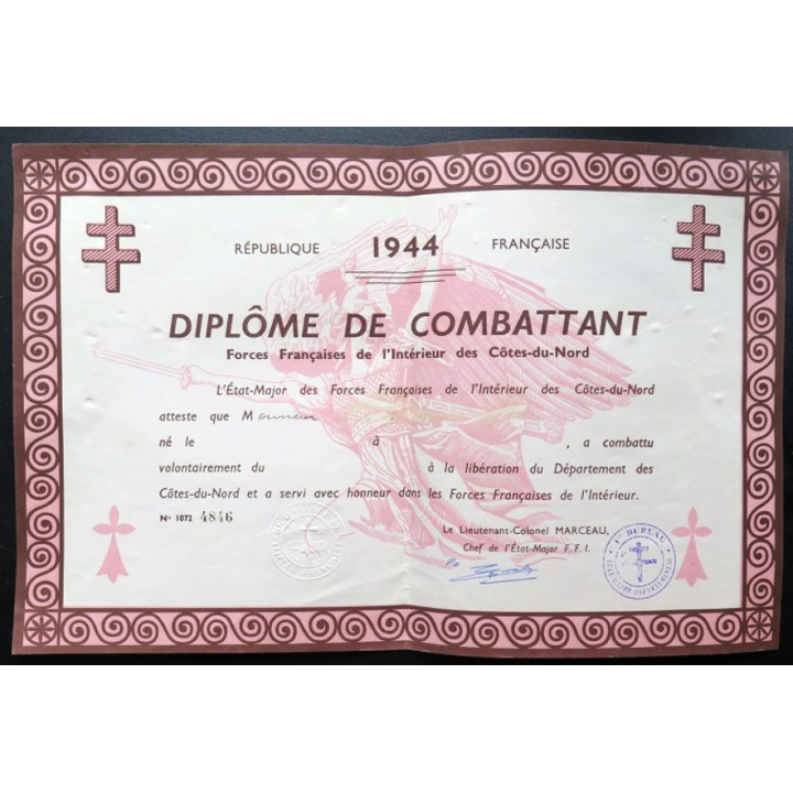 Diplôme de combattant des FFI des Côtes-du-Nord 1944 non attribuée n° 4846