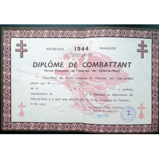 Diplôme de combattant des FFI des Côtes-du-Nord 1944 Monsieur Mirgon n° 4905