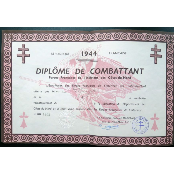 Diplôme de combattant des FFI des Côtes-du-Nord 1944 Monsieur Mirgon n° 4905