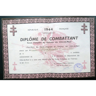 Diplôme combattant des FFI Côtes-du-Nord 1944 Camille Bréhinier n° 3465