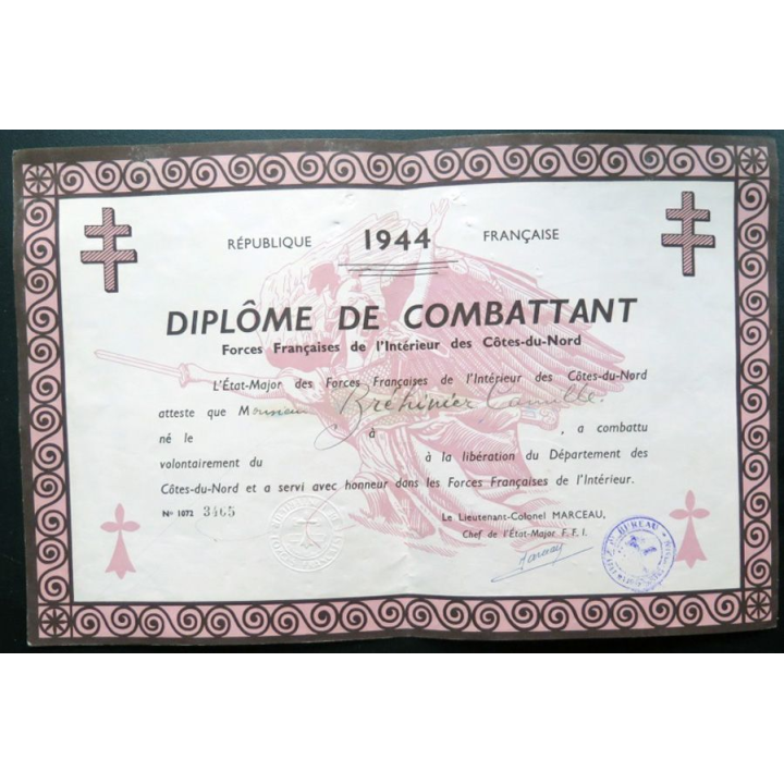 Diplôme combattant des FFI Côtes-du-Nord 1944 Camille Bréhinier n° 3465