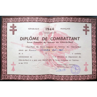 Diplôme de combattant des FFI des Côtes-du-Nord 1944 attribuée à Edmond Samson n° 4910