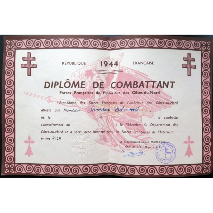 Diplôme de combattant des FFI des Côtes-du-Nord 1944 attribuée à Edmond Samson n° 4910