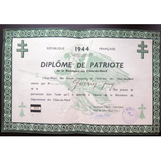 Diplôme de patriote de la résistance des Côtes-du-Nord 1944 attribuée à Jean Guérin n° 492