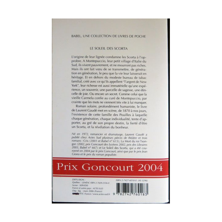 Le soleil des Scorta écrit par Laurent Gaudé aux éditions Actes Sud 2004 - F026