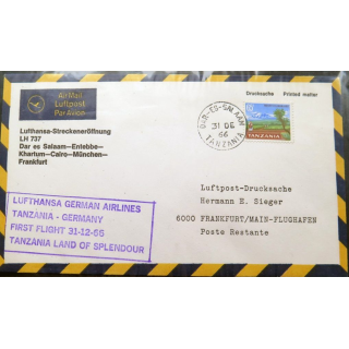 Enveloppe 1° jour Lufthansa Tanzania Germany First fly 31 12 66 