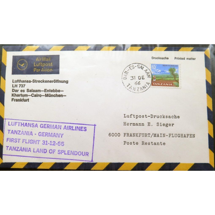 Enveloppe 1° jour Lufthansa Tanzania Germany First fly 31 12 66 