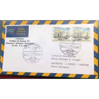 Enveloppe 1° jour Lufthansa Düsseldorf Stuttgart Barcelona 3 mars 1966