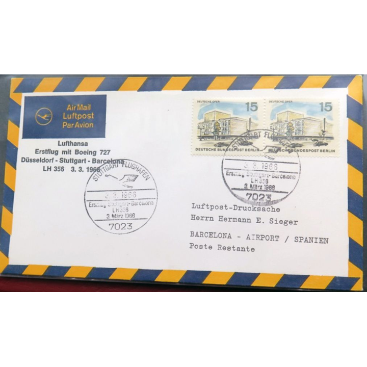 Enveloppe 1° jour Lufthansa Düsseldorf Stuttgart Barcelona 3 mars 1966