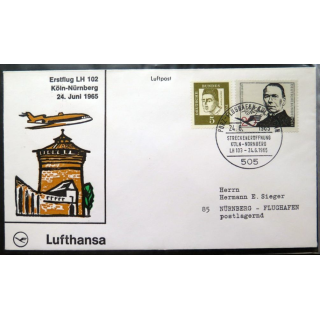 Enveloppe 1° jour Lufthansa Köln Nürnberg 24 Juni 1965