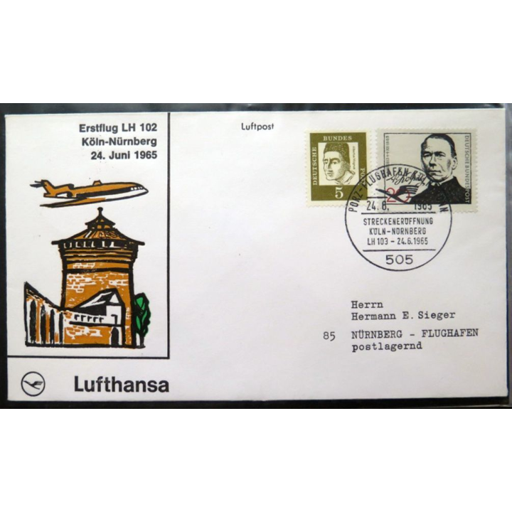 Enveloppe 1° jour Lufthansa Köln Nürnberg 24 Juni 1965