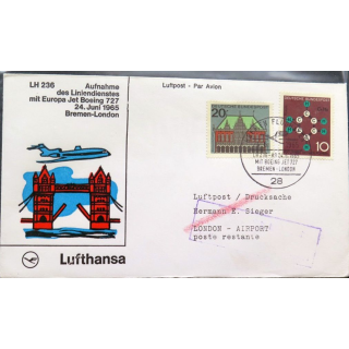 Enveloppe 1° jour Lufthansa Bremen London 24 Juni 1965