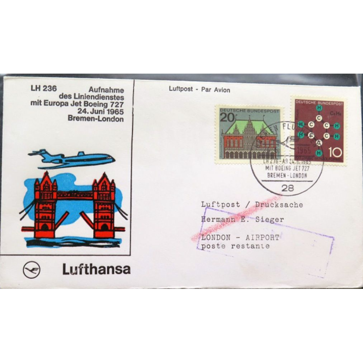 Enveloppe 1° jour Lufthansa Bremen London 24 Juni 1965