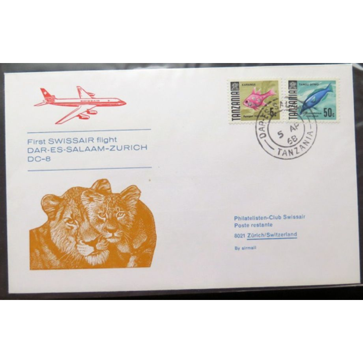 Enveloppe 1° jour Swissair flight Dar-Es-Salmaam Zurich 5 April 1968