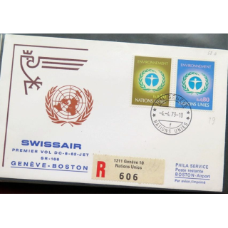 Enveloppe 1° jour Swissair premier vol Genève Boston 4 avril 1973
