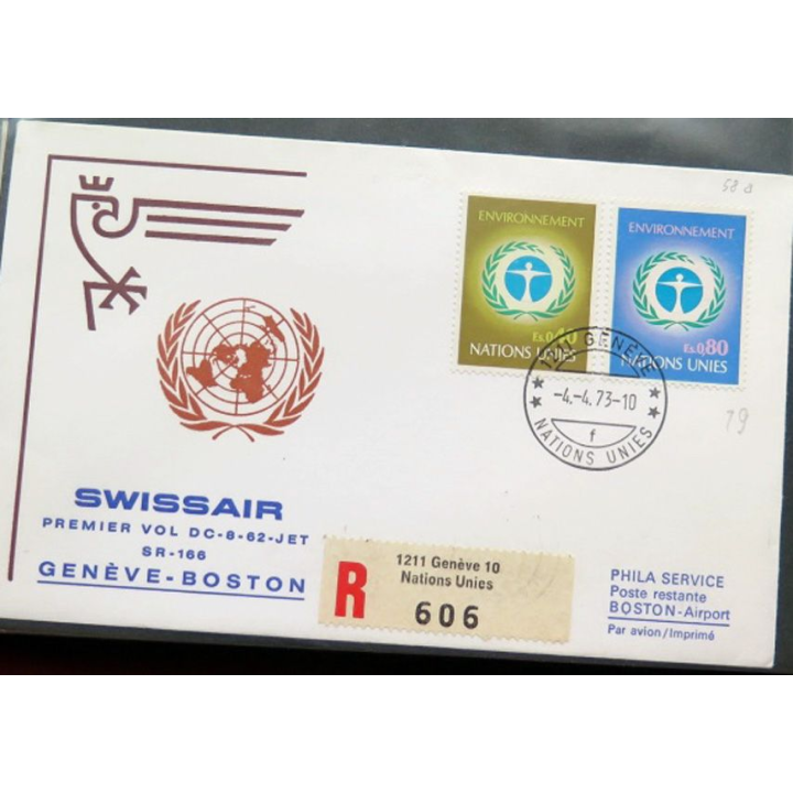 Enveloppe 1° jour Swissair premier vol Genève Boston 4 avril 1973