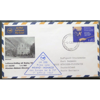 Enveloppe 1° jour Lufthansa premier vol Milano Monaco 1 avril 1967