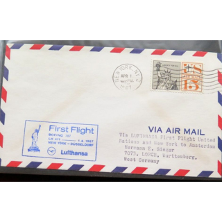 Enveloppe 1° jour Lufthansa first flight New york Düsseldorf 1 april 1967