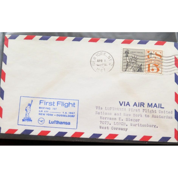 Enveloppe 1° jour Lufthansa first flight New york Düsseldorf 1 april 1967