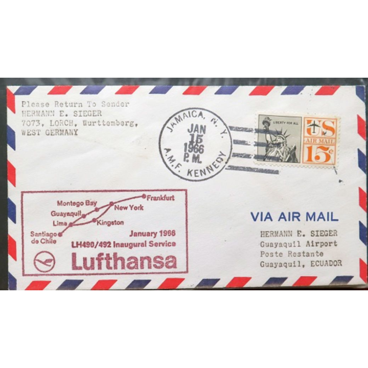Enveloppe 1° jour Lufthansa first flight Santiago du Chile Frankfurt 15 janvier 1966