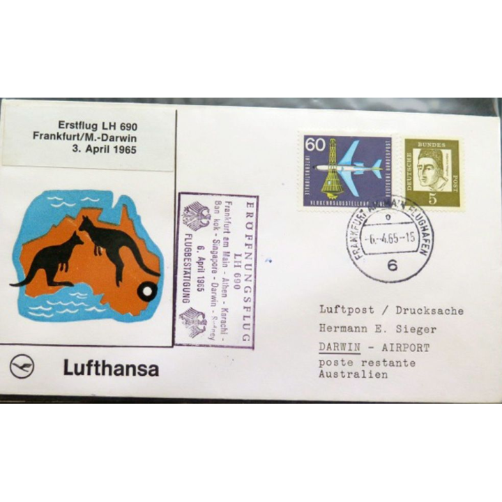 Enveloppe 1° jour Lufthansa Erstflug Frankfurt Sydney 6 april 1965