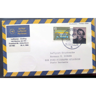 Enveloppe 1° jour Lufthansa Erstflug Frankfurt/Main Köln/Bonn 24 april 1966