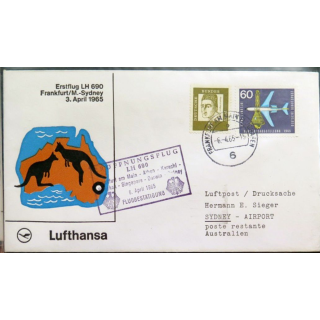 Enveloppe 1° jour Lufthansa Erstflug Frankfurt Sydney 6 april 1965