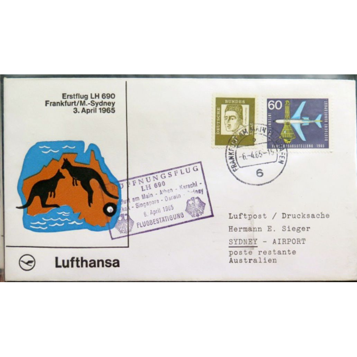 Enveloppe 1° jour Lufthansa Erstflug Frankfurt Sydney 6 april 1965