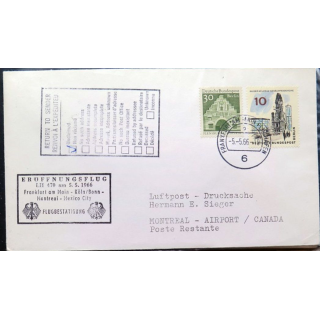 Enveloppe 1° jour Lufthansa Eruffnungsflug Frankfurt/Main Mexico City 5 mai 1966
