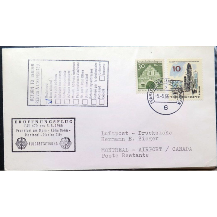 Enveloppe 1° jour Lufthansa Eruffnungsflug Frankfurt/Main Mexico City 5 mai 1966
