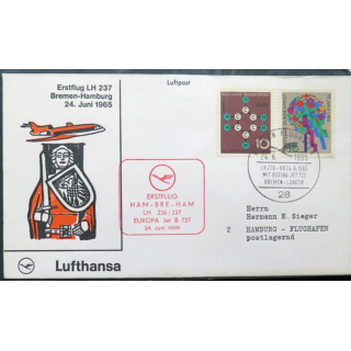 Enveloppe 1° jour Lufthansa Erstflug Bremen Hamburg 24 juin 1965