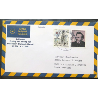 Enveloppe 1° jour Lufthansa Erstflug Düsseldorf Stuttgart Madrid 4 février 1966