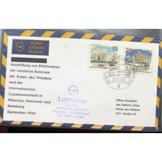 Enveloppe 1° jour Lufthansa Hamburg Zürich 23 septembre 1966