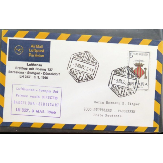 Enveloppe 1° jour Lufthansa Erstflug Barcelona Stuttgart Düsseldorf 3 mars 1966