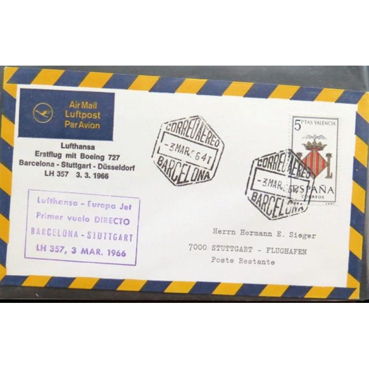 Enveloppe 1° jour Lufthansa Erstflug Barcelona Stuttgart Düsseldorf 3 mars 1966