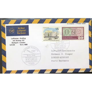 Enveloppe 1° jour Lufthansa Erstflug Stuttgart London 10 mai 1966