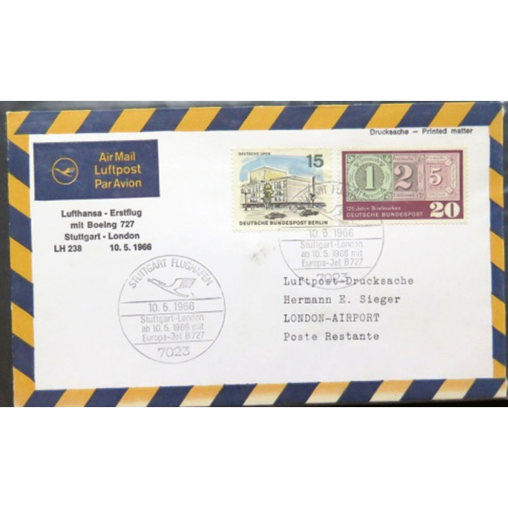 Enveloppe 1° jour Lufthansa Erstflug Stuttgart London 10 mai 1966